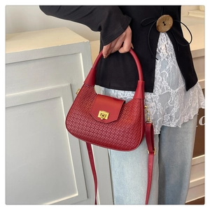 Macro shot of red woven texture and golden buckle on a stylish PU leather dumpling bag