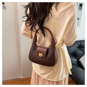 Detail of dark brown woven shoulder bag with leather flap and gold-tone metal clasp