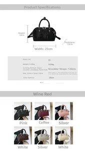Detailed size specifications and color options for the snake pattern shell bag