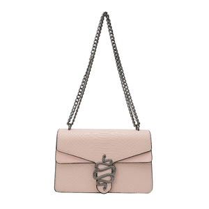 Pink faux snakeskin crossbody bag with silver snake buckle and metal chain strap
