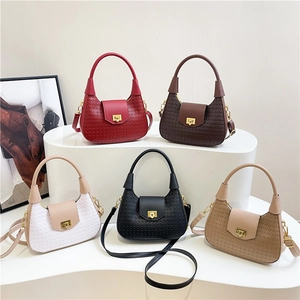 Women's woven half-moon handbags in five colors with gold twist-locks and straps