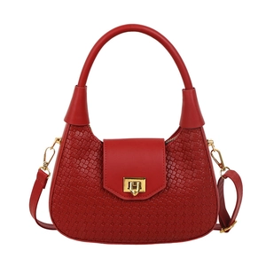 Red woven leather crescent shoulder bag with golden buckle and detachable strap