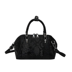 Retro black snake pattern shell handbag with silver hardware and shoulder strap