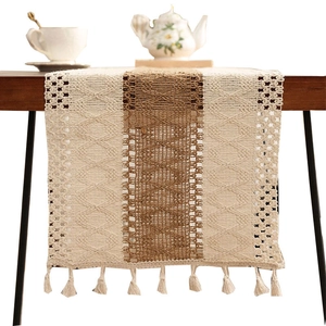 Handmade woven cotton table runner with fringe tassels and hollow lace for home decor