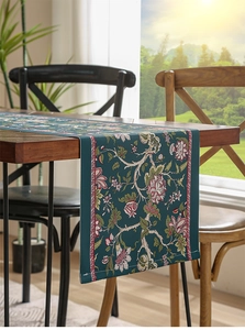 Close-up of luxury dark green floral table runner with waterproof thickened fabric texture