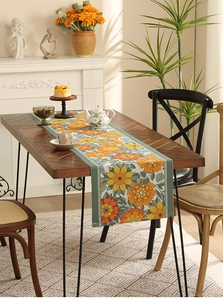 Close-up detail of thickened waterproof table runner with vintage floral print