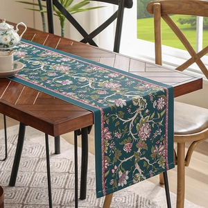 Luxurious American style thick waterproof table runner with red floral patterns on deep teal