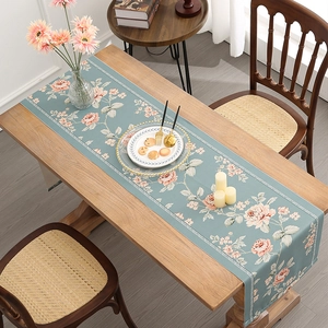 Sage green waterproof table runner with pink floral roses for elegant dining decor