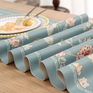 Morandi blue floral waterproof table runner with thick fabric and luxury print