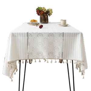 French thickened white lace tablecloth with feather embroidery and tassel edges for home