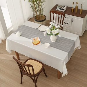 Thick French jacquard rectangle tablecloth with grey diamond pattern and white tassels