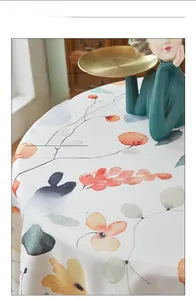 Detailed close-up of thickened cotton linen tablecloth with vintage floral patterns