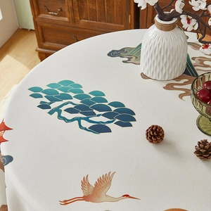 Chinese style crane and pine pattern linen tablecloth with waterproof coating