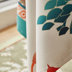 Close-up of thick linen fabric showing vintage Chinese patterns and texture