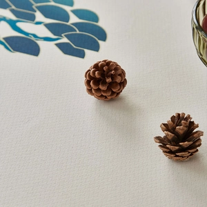 Modern thick linen tablecloth with pine cones decor and blue fan geometric patterns