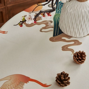 Detailed texture of cotton linen tablecloth with crane and mountain pattern art