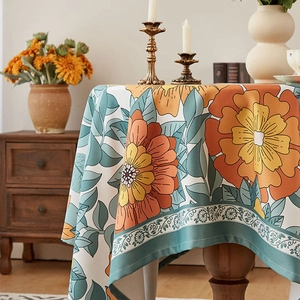 Vintage floral printed thick tablecloth with luxury flower pattern and teal lace edge