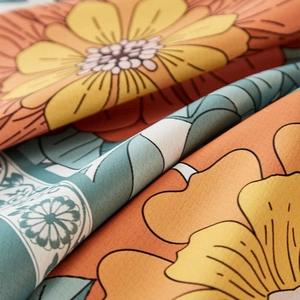 Retro floral print waterproof tablecloth with yellow flowers on orange thick fabric