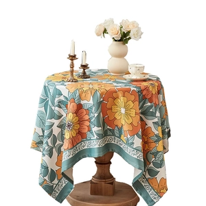 Waterproof floral round tablecloth with elegant orange flowers and leaf patterns