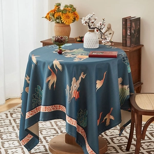 Navy blue round tablecloth with traditional Chinese crane, cloud and mountain landscape print