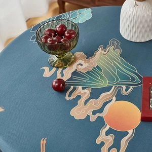 Waterproof round tablecloth featuring blue Chinese landscape art and mountain prints