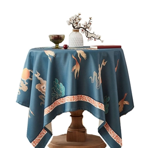 Waterproof round cotton linen tablecloth with cranes, pine trees and clouds pattern