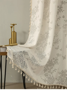 Detailed cream jacquard curtain with 3D floral embroidery and elegant fringe trim