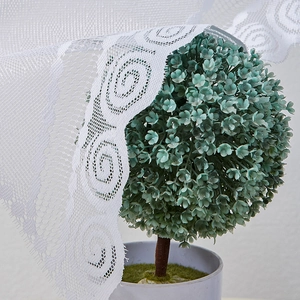 Detail of white lace curtain with floral spiral pattern draped over a green plant