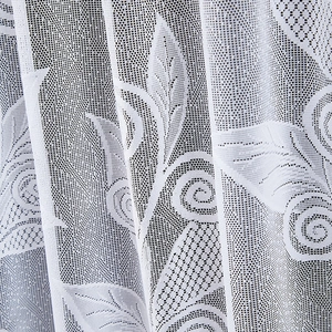 White warp-knitted lace cafe curtain with elegant floral patterns and mesh texture