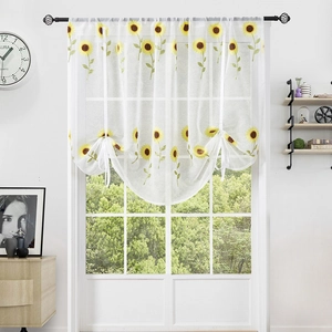 Sunflower Embroidered Sheer Roman Curtain Tie Up Window Gauze Panel For Bedroom Balcony Pastoral Style White Polyester