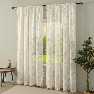 Floral butterfly print curtain set with elegant tassel fringe and rod pocket design