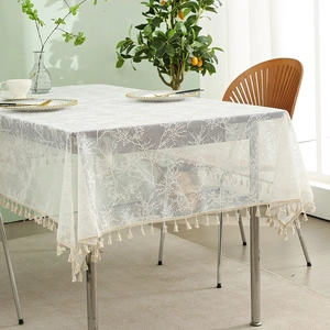 Elegant white lace tablecloth with branch jacquard patterns and stylish tassel edges