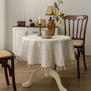 Tablecloth Polyester Linen Textured Thickened With Tassels Dustproof For Dining Table Kitchen French Retro Style Cream White