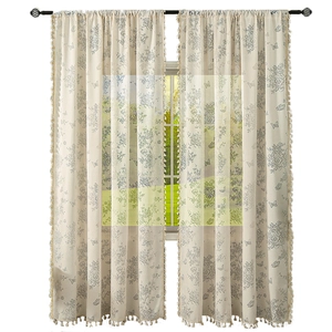 Floral print sheer curtain with rose patterns and fringe tassels in vintage style