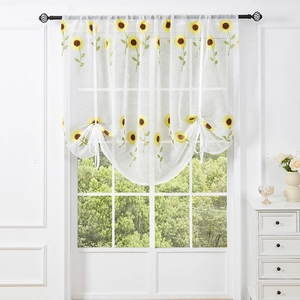 White semi-sheer roman curtain with sunflower embroidery and adjustable pull straps