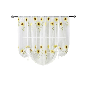 Daisy embroidered semi-sheer roman curtain with tie-back design and decorative rod