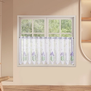 Detail of white semi-sheer kitchen curtain with lavender embroidery and scalloped lace