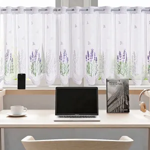 Lavender Embroidery Lace Coffee Curtain White Scalloped Edge Translucent Polyester Mesh Half Door Curtain Pastoral Style