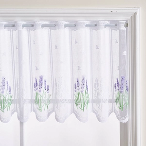 White lace cafe curtain with lavender embroidery for kitchen windows and balconies