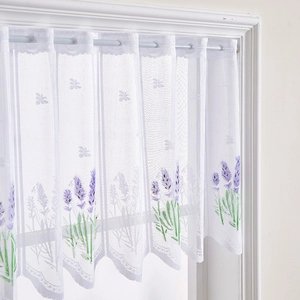 White lace cafe curtain with lavender and butterfly prints for kitchen windows