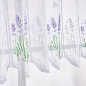 White lace cafe curtain with lavender embroidery and delicate scalloped edge