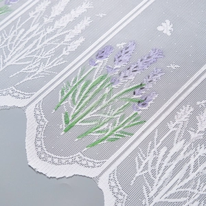 Lace cafe curtain with lavender floral print and scalloped edges for kitchen windows