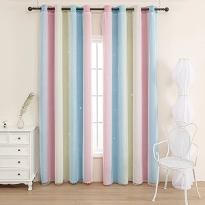 Rainbow gradient double-layer curtains with hollow star patterns and metal grommets