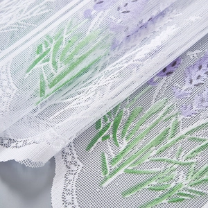 Lace cafe curtain with lavender floral embroidery and scalloped edges for home decor