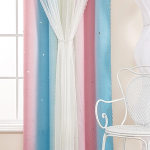 Double-layer rainbow gradient curtains with cutout stars and pearl tieback for kids