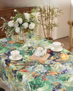 Detailed close-up of vintage oil painting style waterproof tablecloth with floral patterns