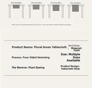 Size guide for floral oil painting tablecloth with plant-based dyeing and lace detail