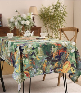 Detailed texture of American vintage oil painting floral tablecloth with elegant lace edge