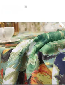 Detail of retro oil painting floral tablecloth showing lace edges and woven texture