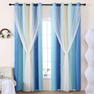 Detail of double-layer blackout curtains featuring rainbow gradient and hollow star cutouts